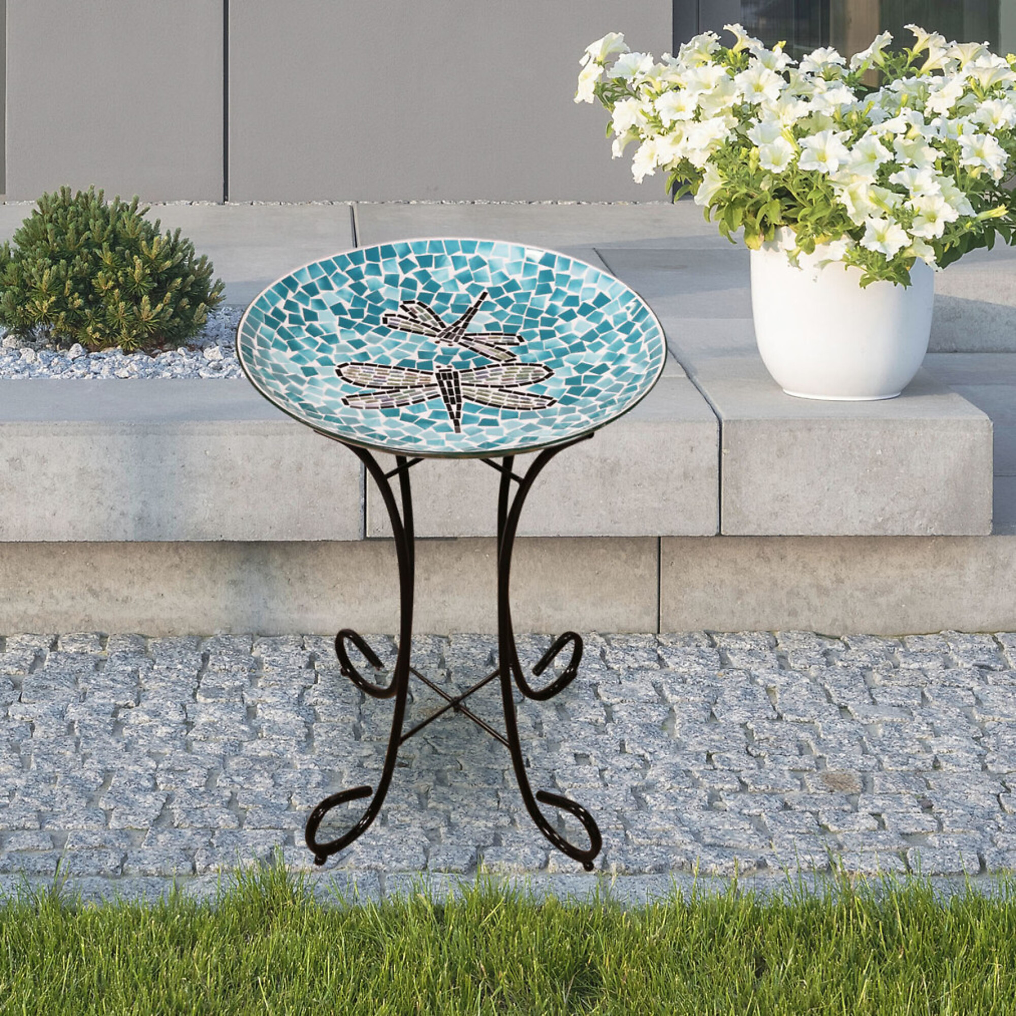 Alpine Corporation, 18in. Dragonfly Mosaic Glass Birdbath with Stand, Model# HMD196A